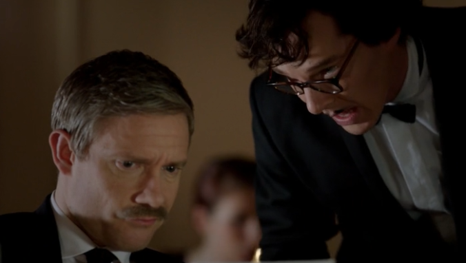 Sherlock disguises himself just before he surprises John that he's alive.